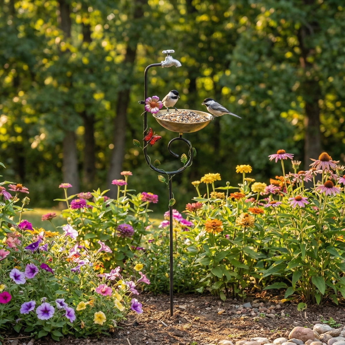 Vintage Faucet Garden Bird Bath Feeder Stake – Decorative Outdoor Bird Feeder with Water Bowl & Butterfly Accents