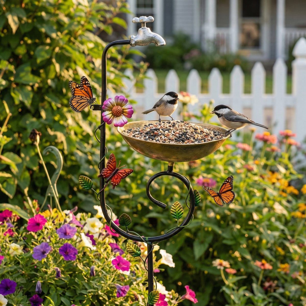 Vintage Faucet Garden Bird Bath Feeder Stake – Decorative Outdoor Bird Feeder with Water Bowl & Butterfly Accents