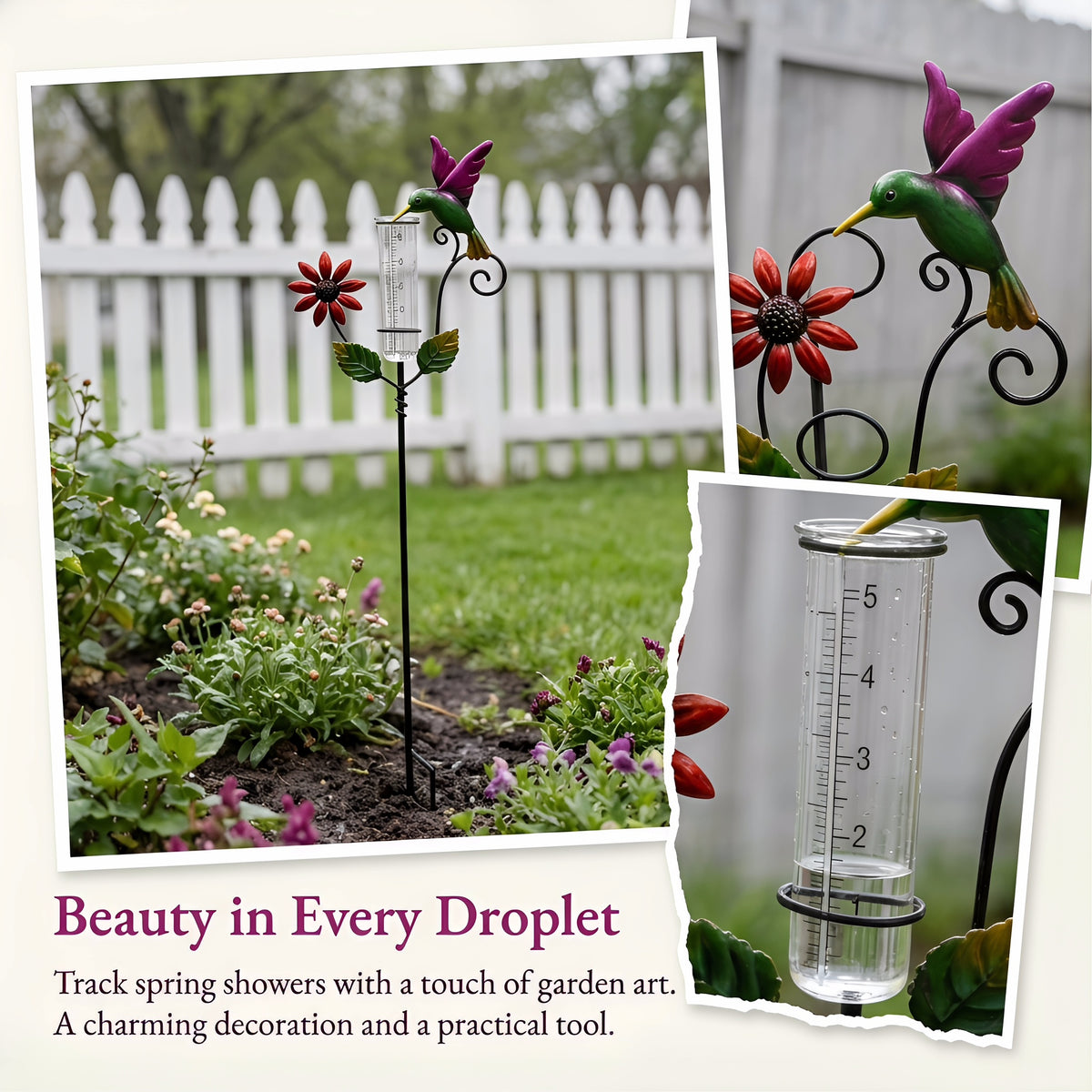 Hummingbird & Flower Garden Stake Rain Gauge