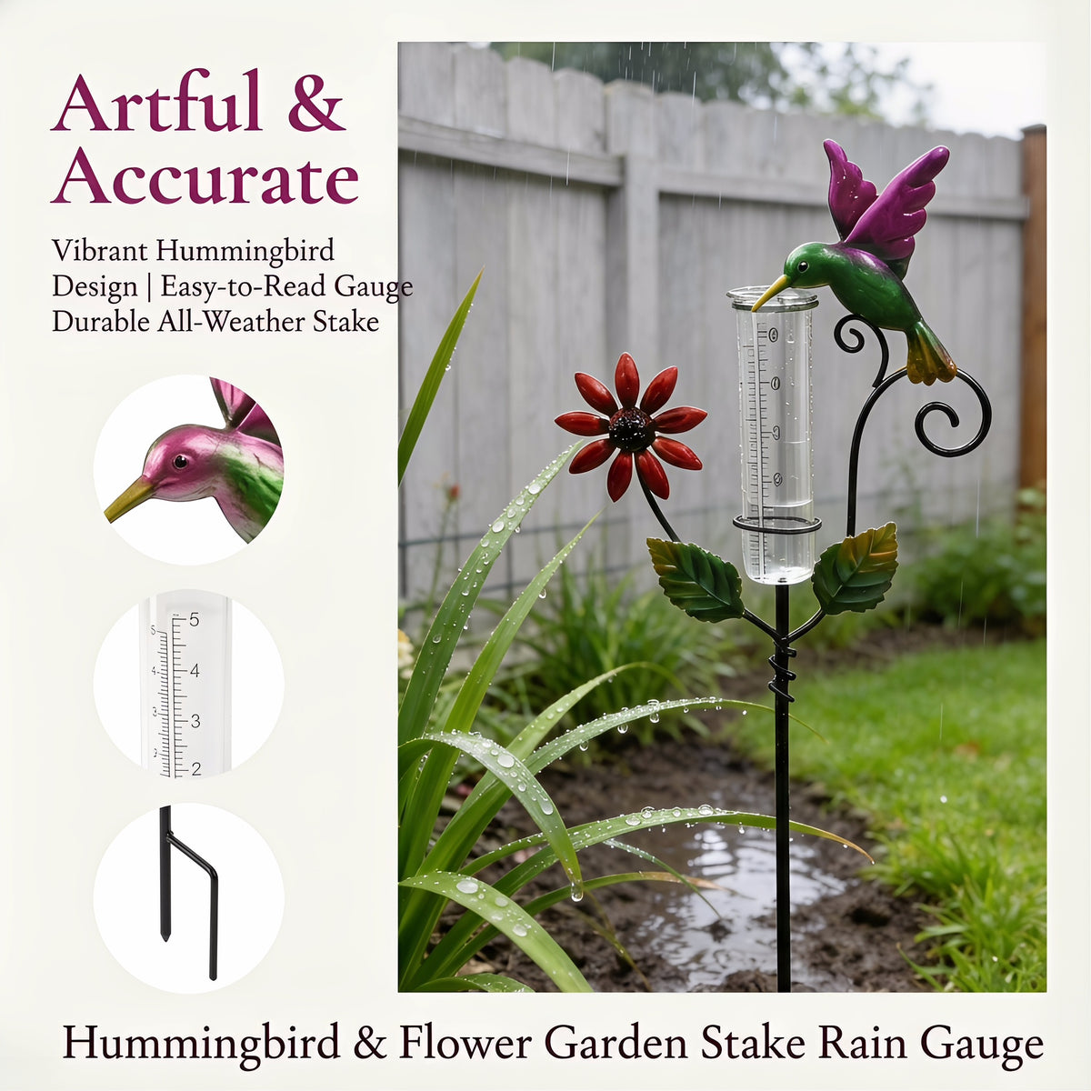 Hummingbird & Flower Garden Stake Rain Gauge
